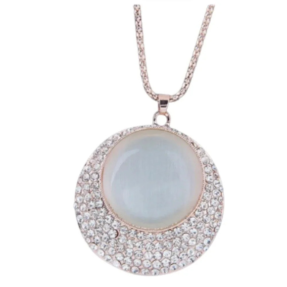 Opal and Rhinestone Embellished Round Pendant Long Style Golden Fashion Necklace - Picture 3 of 6